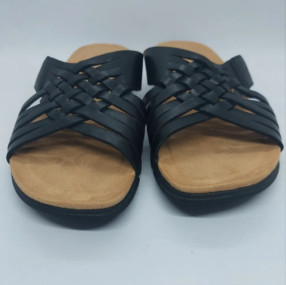 Easy Spirit Semeadow Slip On Sandals Size 8.5M Black Leather Open Toe Shoe